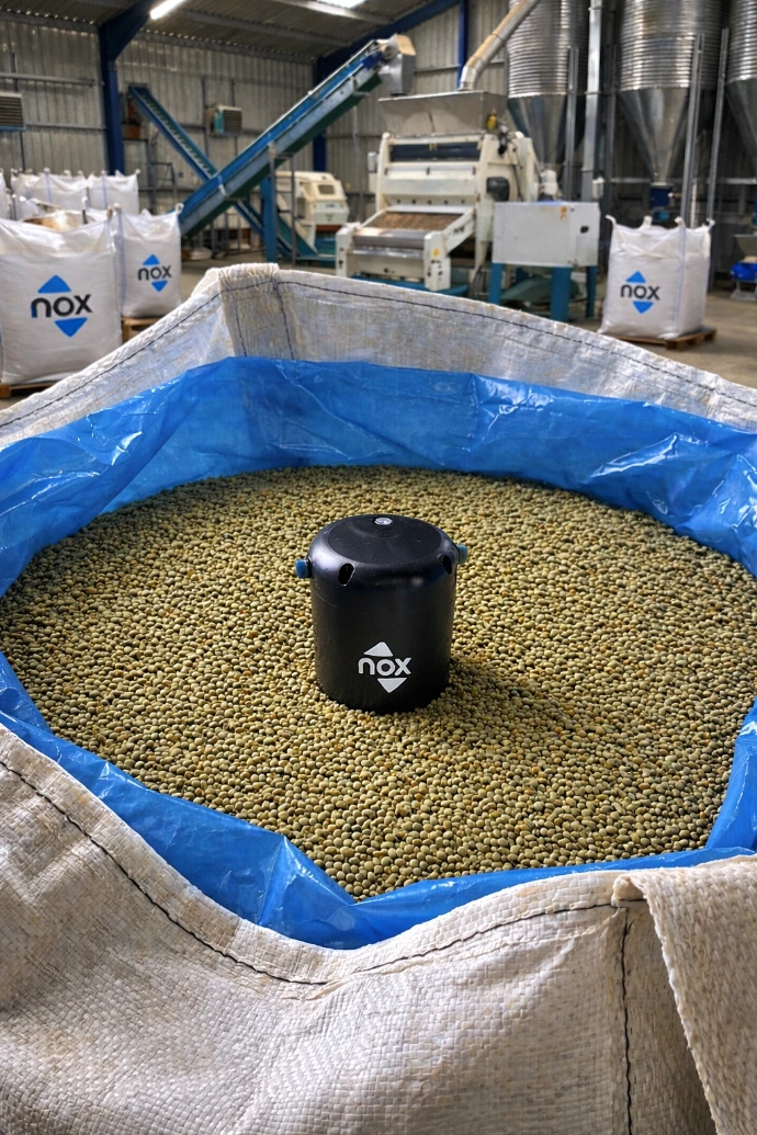 Sensore Nox per controllo atmosfera su semi in Big Bag ermetico, stoccaggio agricolo con linee di lavorazione