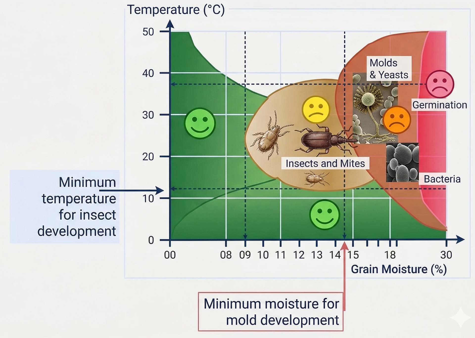 Biological risks in long-term grain storage: insects & molds in cereals and legumes (beans/chickpeas) The diagram does not apply to oilseeds, nor to lentils, faba beans, and peas. Grain storage risk chart: temperature vs moisture thresholds for insects, mites, molds, yeasts, bacteria and germination