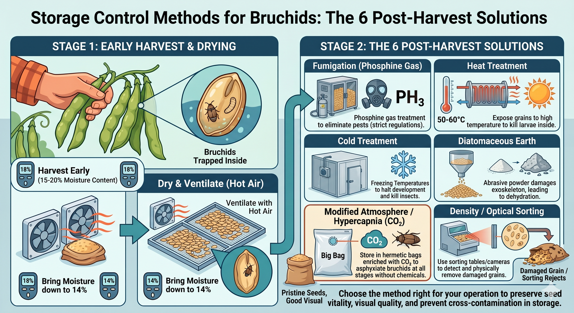 Infographic on bruchid control in stored legumes, showing early harvest, drying and six post-harvest solutions including Nox Storage hermetic CO₂ big bags Infographic on bruchid control in stored legumes, showing early harvest, drying and six post-harvest solutions including Nox Storage hermetic CO₂ big bags
