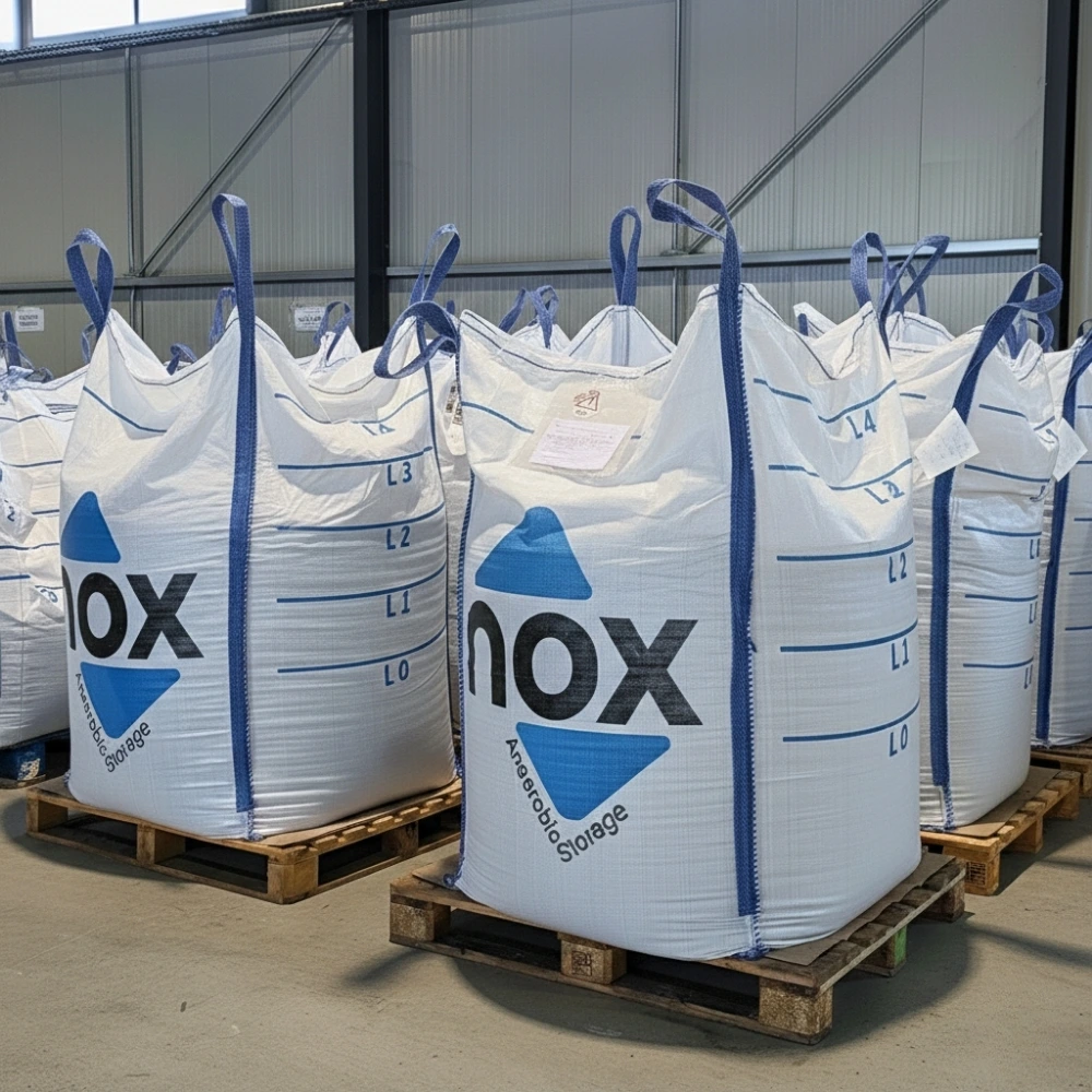 Nox hermetic big bags on pallets in warehouse for anaerobic grain storage