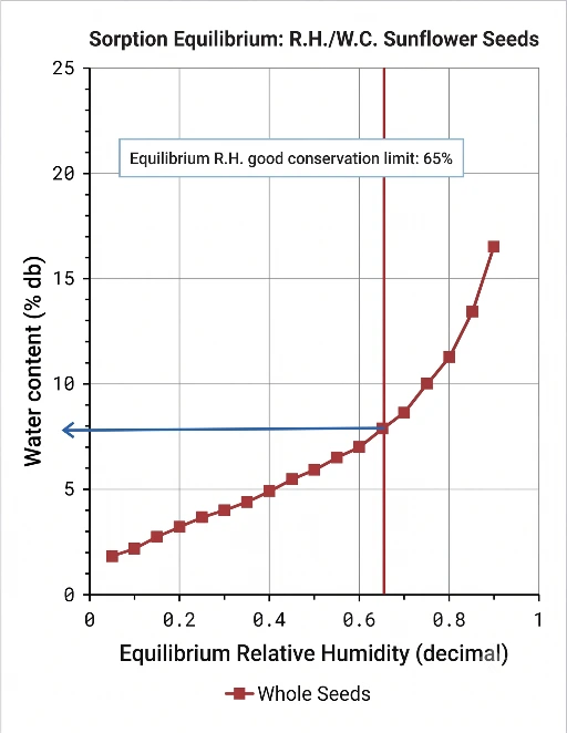 Sunflower seed sorption equilibrium chart with water content vs relative humidity and a 65% safe storage limit Sunflower seed sorption equilibrium chart with water content vs relative humidity and a 65% safe storage limit
