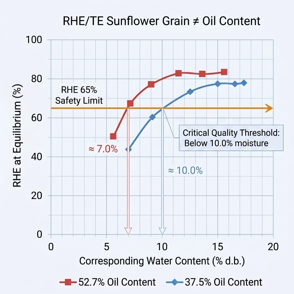 Sunflower grain moisture equilibrium chart by oil content with 65% RHE safety limit and critical quality threshold below 10% moisture Sunflower grain moisture equilibrium chart by oil content with 65% RHE safety limit and critical quality threshold below 10% moisture
