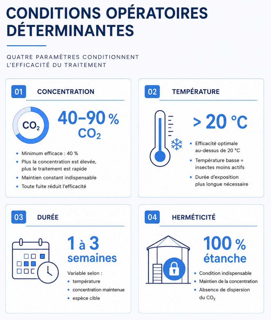 Infographie Nox Storage sur les conditions opératoires du traitement au CO₂ : concentration, température, durée et herméticité